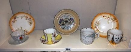 Two Victorian moustache cups, a Scarborough crested tea cup with saucer and Royal Grafton tea cup