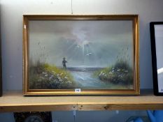 A gilt framed oil on canvas boy going swimming, 83cm x 58cm (COLLECT ONLY)
