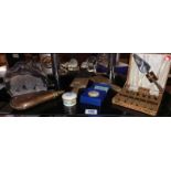 Early 20th century butter pats, Victorian copper powder flask, cased silver plate forks, Aynsley &