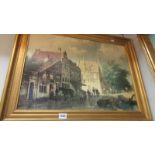 A gilt framed early 20th century street scene on canvas. COLLECT ONLY.