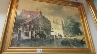 A gilt framed early 20th century street scene on canvas. COLLECT ONLY.