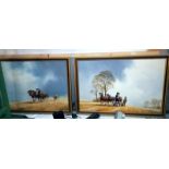 2 Large paintings on canvas of farming, working heavy horse drawn scenes, 100cm x 69cm (COLLECT