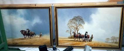 2 Large paintings on canvas of farming, working heavy horse drawn scenes, 100cm x 69cm (COLLECT