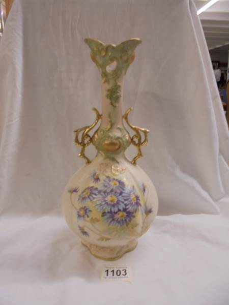A very pretty, ornate, hand painted antique Austrian porcelain 12" high vase from the Roberte Hanke