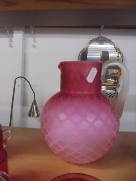 A pink satin glass jug and six items of cranberry glass. - Image 2 of 3