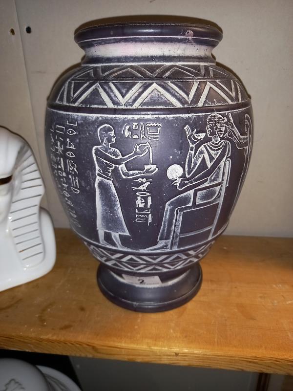 A terracotta vase with Egyptian impressed with hieroglyphics and figures and glazed bust of a - Image 4 of 6