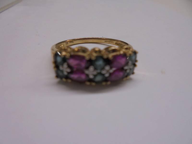 A 9ct gold ring set pink and blue stones, size T, 3.3 grams. - Image 2 of 2