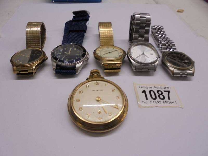 Five gent's wrist watches and an ingersol pocket watch.