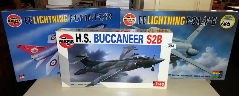 3 Airfix 1/48 scale model aircraft kits 08100 Buccaneer, 09178 Lightning, 09179 Lightning all