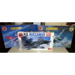 3 Airfix 1/48 scale model aircraft kits 08100 Buccaneer, 09178 Lightning, 09179 Lightning all