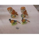 Two Beswick owls and two pheasants, (one owl has small chip on wing).