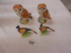 Two Beswick owls and two pheasants, (one owl has small chip on wing).