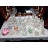 A selection of glass including animals, preserve pots & overlaid green glass match striker etc.