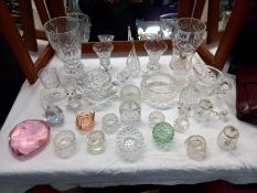 A selection of glass including animals, preserve pots & overlaid green glass match striker etc.
