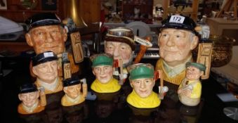 8 Royal Doulton golf related character jugs including 'Golfer' & 'The Golfer' including some seconds