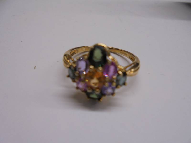 A 9ct gold ring set multi-coloured stones, s-ze S half, 3.5 grams. - Image 2 of 2