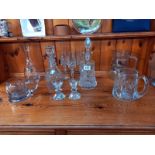 2 cut glass decanters, & a pair of Nachtmann German crystal candle holders etc