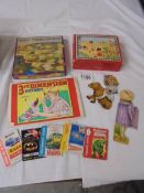 A golf tiddley winks game, vintage picture blocks, 3rd Dimension pictures etc.