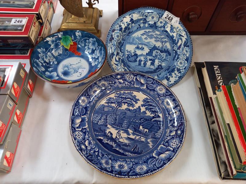 A Chinese blue & white bowl with red bunches of grapes & 2 19th/20th century blue Willow plates