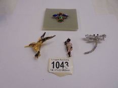 Four good quality brooches - Bee, Owl, Kingfisher and Dragonfly.