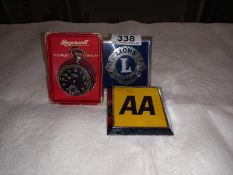 A Lions international, an AA car badge & a Ingersoll Eclipse pocket watch