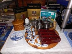 Vintage boxed stainless steel tea set & other kitchen items including solid wood Lazy Susan etc.