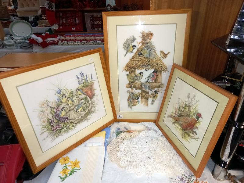 3 pine framed tapestries of birds including pheasants and tits