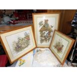 3 pine framed tapestries of birds including pheasants and tits