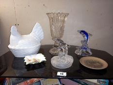 A Poole pottery owl plate, glass dolphin ornaments, celery vase, white glass hen egg dish etc