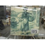 A Minton vintage ceramic tile painted by William Wise depicting a barefoot lady with a basket