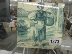 A Minton vintage ceramic tile painted by William Wise depicting a barefoot lady with a basket
