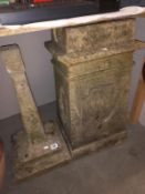 A square stoneware chimney pot & a pillar base A/F. (COLLECT ONLY)