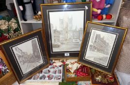 3 black and white pencil prints of Lincoln including Cathedral