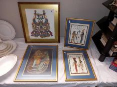 4 framed Egyptian revival tapestries including Tutankhamun death mask