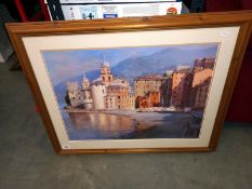A large framed print Mediterranean coastal town, 90cm x 72cm (COLLECT ONLY)