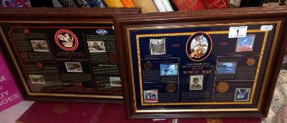 2 commemorating framed coin stamp sets, 70th anniversary of 2nd world war and last days of steam