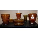 6 pieces of vintage amber glass including a pair of vases & lidded bowl etc.