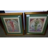 A pair of gilt framed tapestries of art nouveau ladies