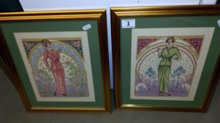 A pair of gilt framed tapestries of art nouveau ladies