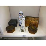 3 wooden boxes, a pewter covered box & 2 figures