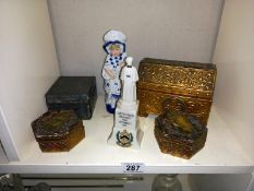 3 wooden boxes, a pewter covered box & 2 figures
