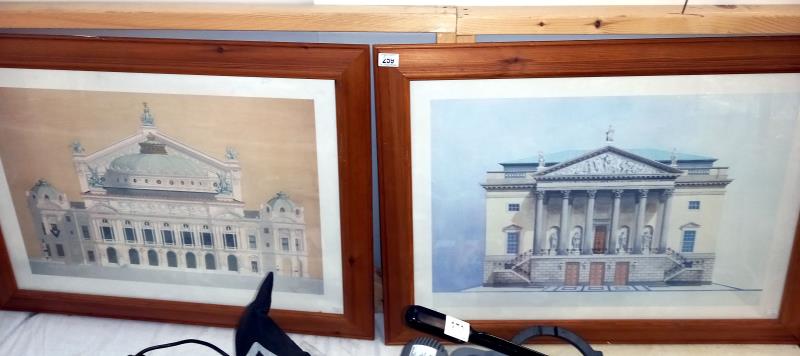 2 large pine framed architectural prints of old buildings, 93cm x 69cm (COLLECT ONLY)