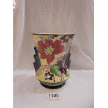 A vase with 2 shoulders, cream inside with painted flowers and leaves outside,