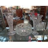 A large cut glass bowl & 2 vases