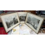 3 black and white framed and glazed prints of early scenes including Whitby