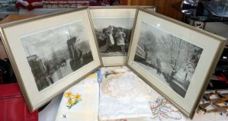 3 black and white framed and glazed prints of early scenes including Whitby