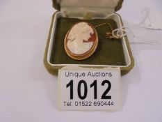 A 9ct gold mounted cameo of a female profile with safety chain,