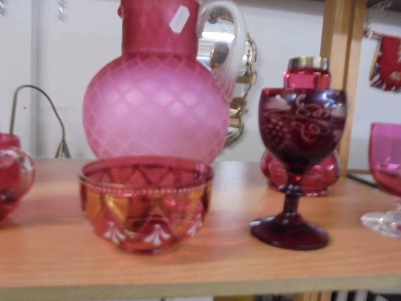 A pink satin glass jug and six items of cranberry glass. - Image 3 of 3