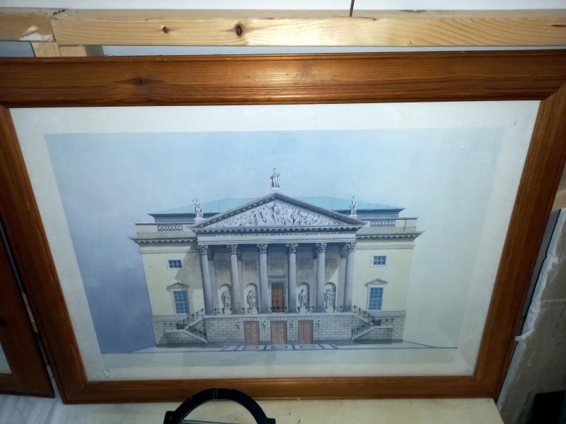 2 large pine framed architectural prints of old buildings, 93cm x 69cm (COLLECT ONLY) - Image 3 of 3