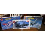 3 boxed Airfix 1/48 scale model aircraft 08100 H S Buccaneer, 09178 Lightning, 09179 Lightning,